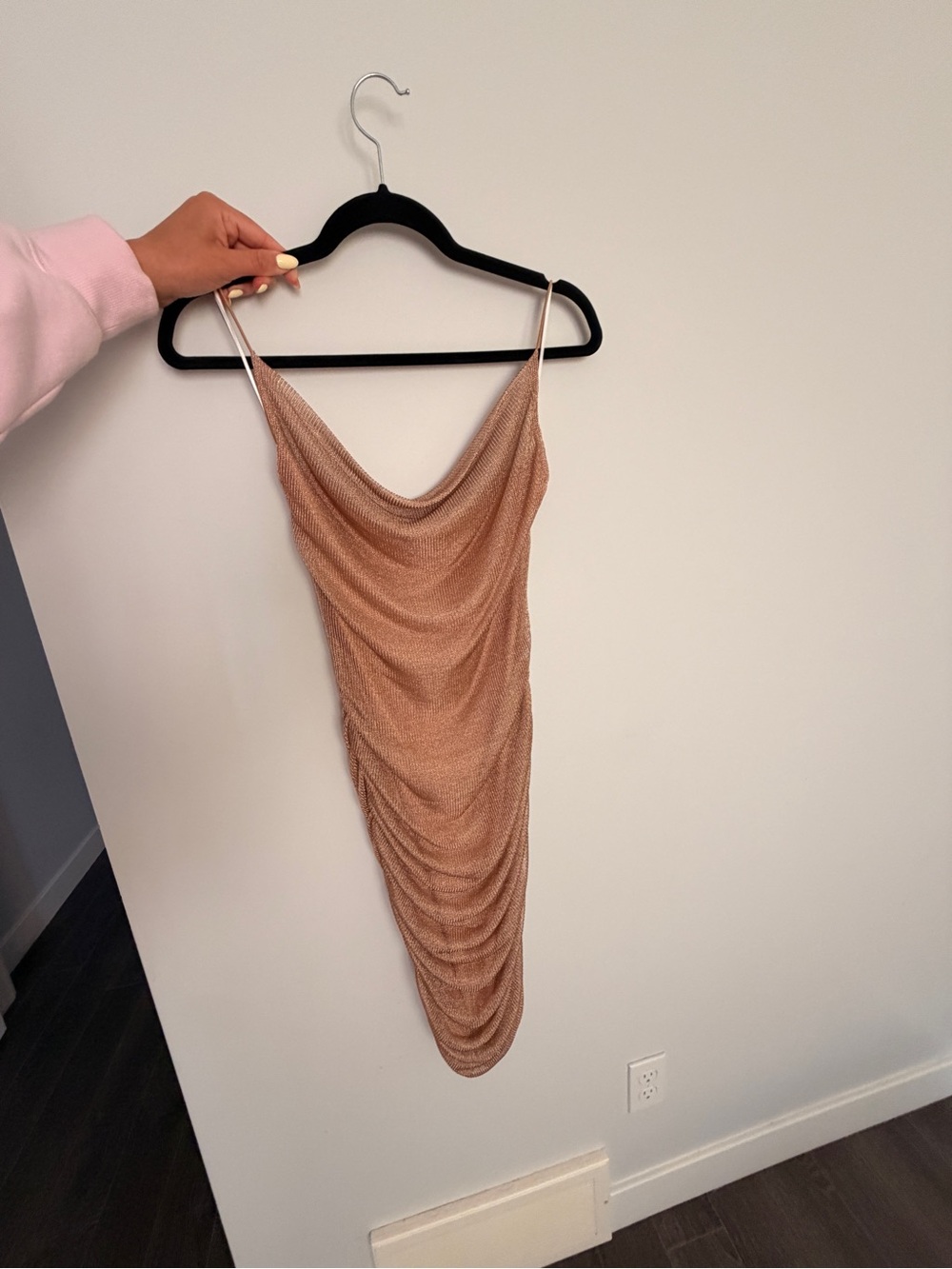 Shimmery Tan Cowl Neck Mini Dress